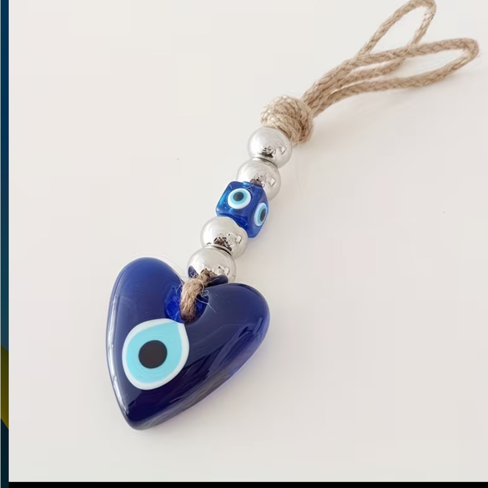 1 Handmade GREEK Glass Blue Evil Eye Heart Worried Bead ornament NW last one 7” - Picture 2 of 7